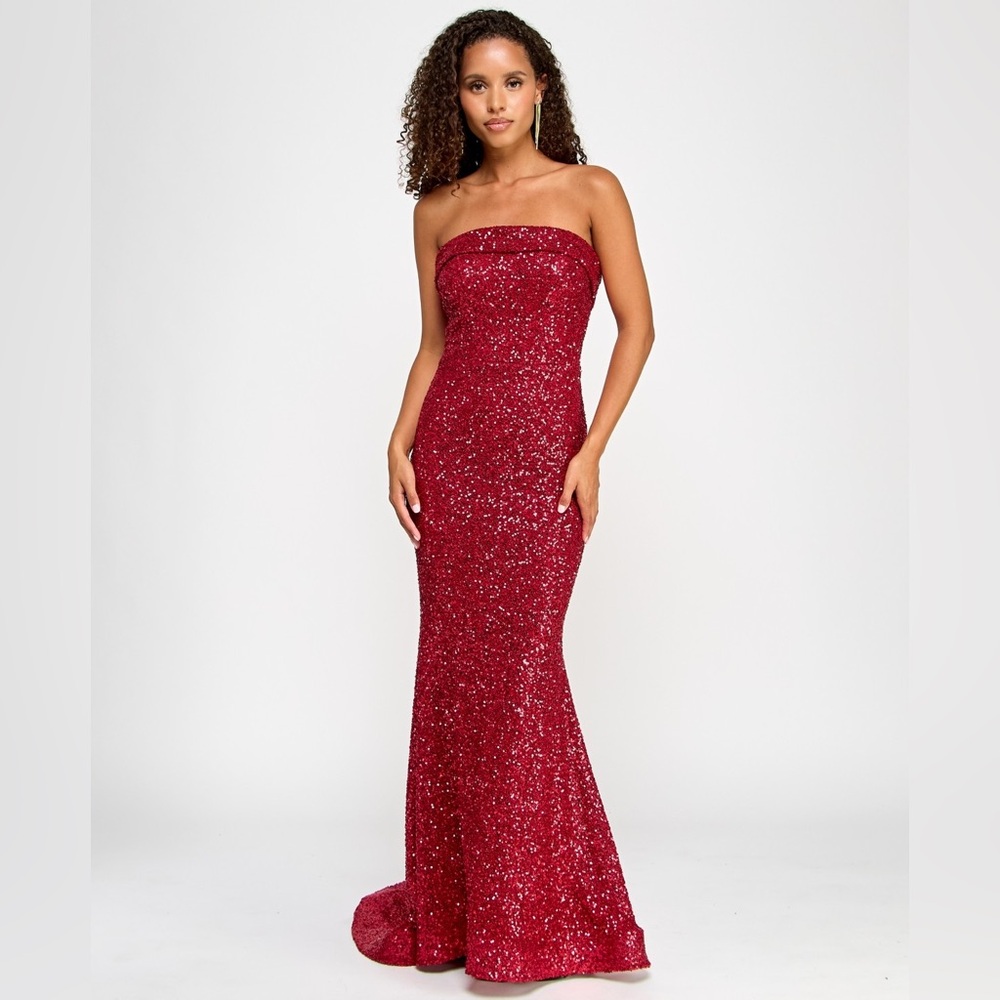 B Darlin Juniors Red Sequin Foldover  floor sweeping gown
